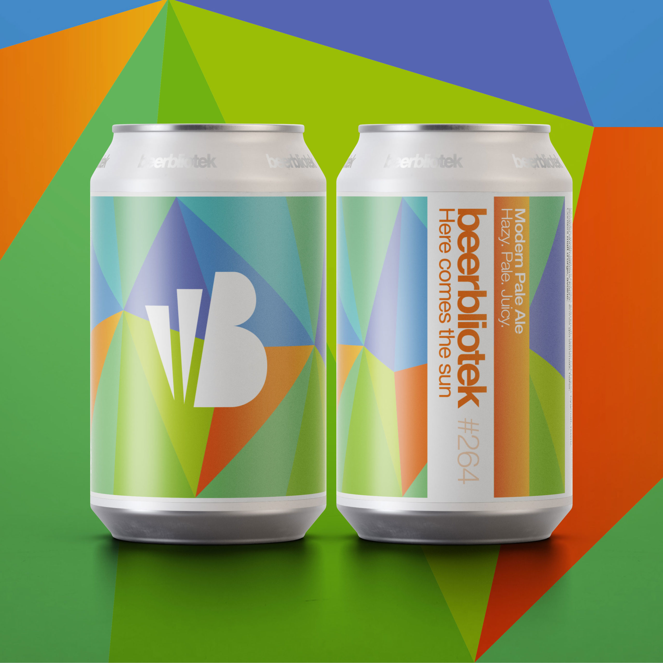A marketing two can packshot of Here comes the sun a Modern Pale Ale brewed in Gothenburg, by Swedish Craft Brewery Beerbliotek.