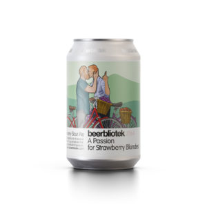 A can packshot of "A Passion for Strawberry Blondes", a Sour Ale with Passion Fruit and Strawberries. Brewed by Swedish Craft Beer brewery, Beerbliotek, in Gothenburg.