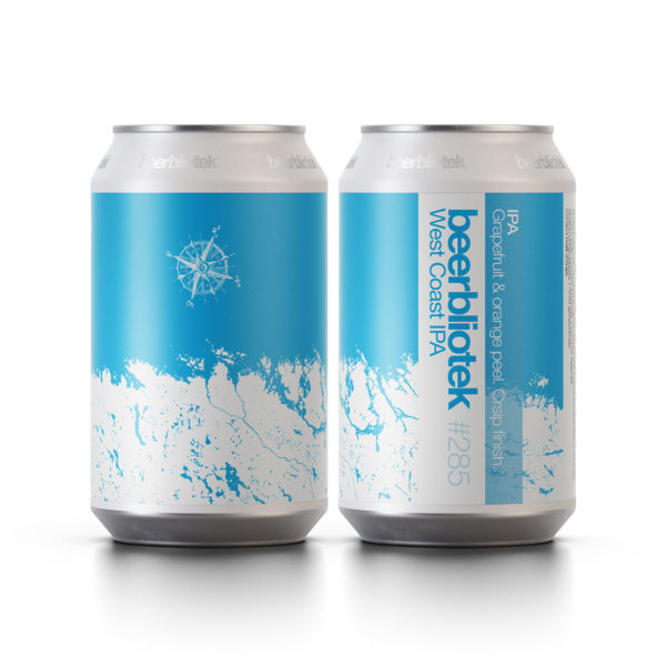 Two cans of West Coast IPA, a West Coast IPA brewed by Swedish Craft Brewery Beerbliotek in Sweden.