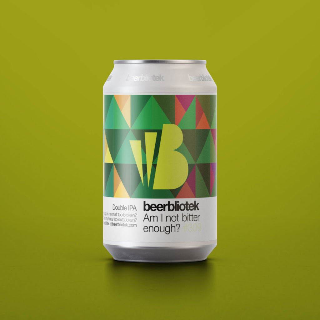 A marketing can packshot of Am I not bitter enough? A Double IPA, brewed by Swedish Craft Brewery Beerbliotek.
