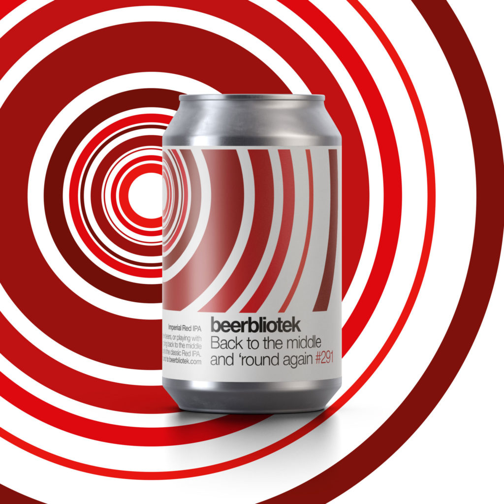 A can packshot of Back to the middle and 'round again, an Imperial Red IPA brewed in Gothenburg, by Swedish Craft Brewery Beerbliotek.