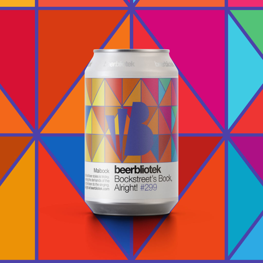 A marketing can packshot of Bockstreet’s Bock, Alright! A Maibock, brewed in Gothenburg, by Swedish Craft Brewery Beerbliotek.