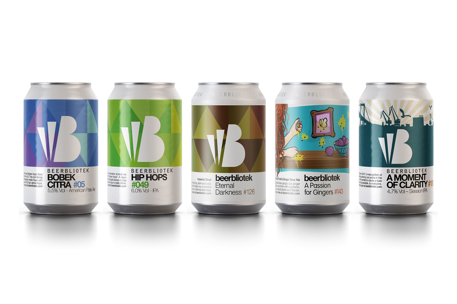 New Packshot of 2019 updated Core Range beers from Craft Brewery, Beerbliotek, Gothenburg, Sweden, featuring beers Bobek Citra, Hip Hops, Eternal Darnkess, A Passion for Gingers and A Moment of Clarity