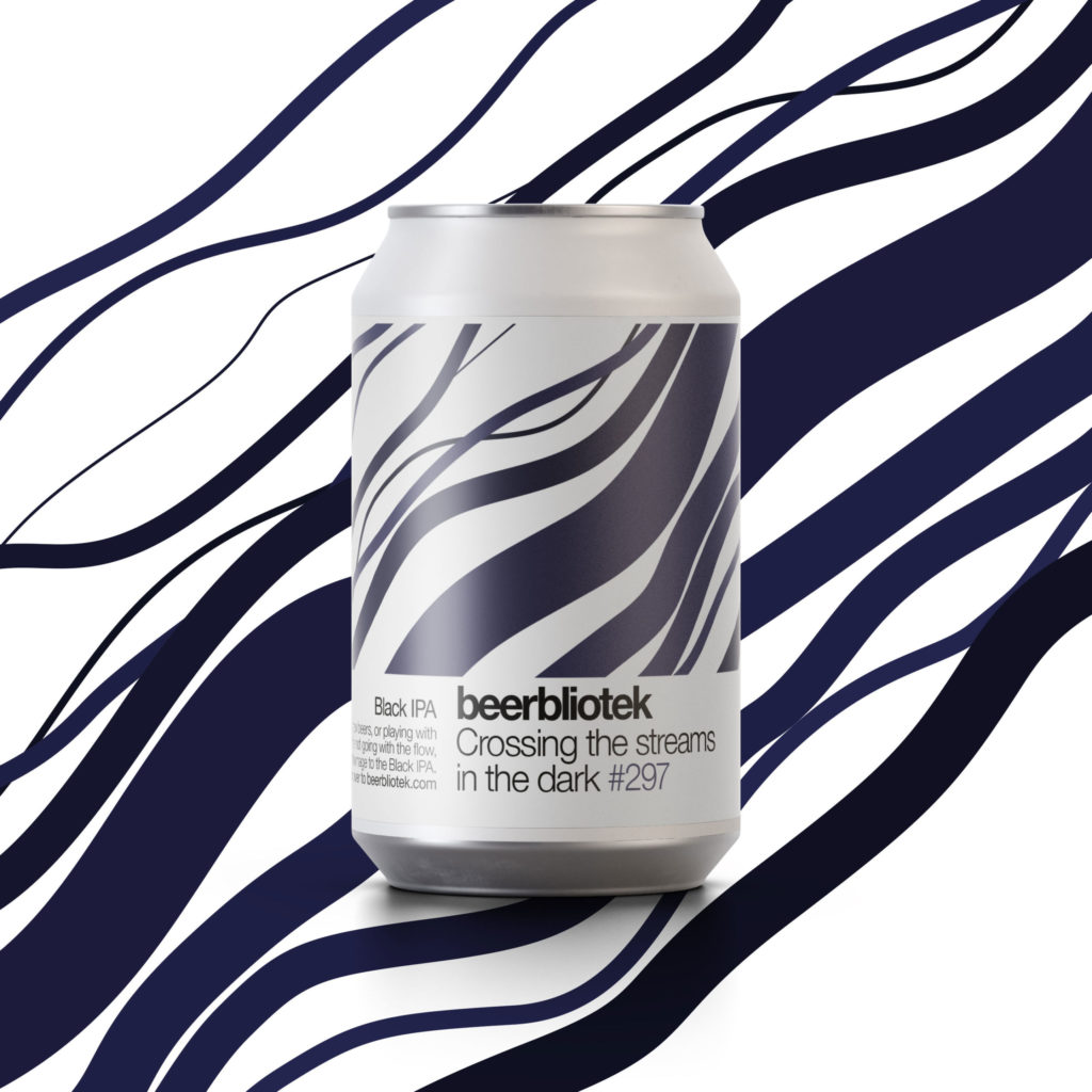 A can packshot of Crossing the streams in the dark, a Black IPA brewed in Gothenburg, by Swedish Craft Brewery Beerbliotek.