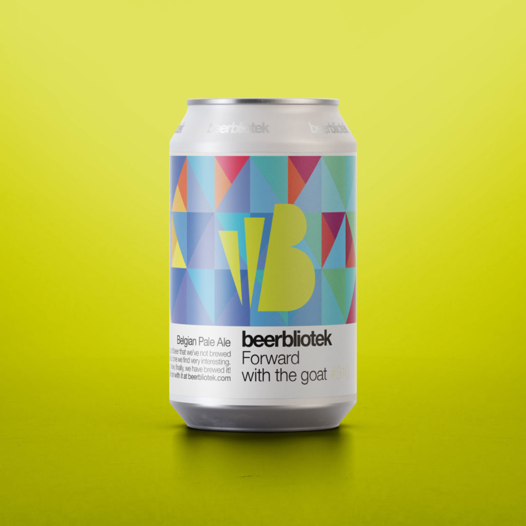 A marketing can packshot of Forward with the goat, a Belgian Pale Ale, brewed by Swedish Craft Brewery Beerbliotek.
