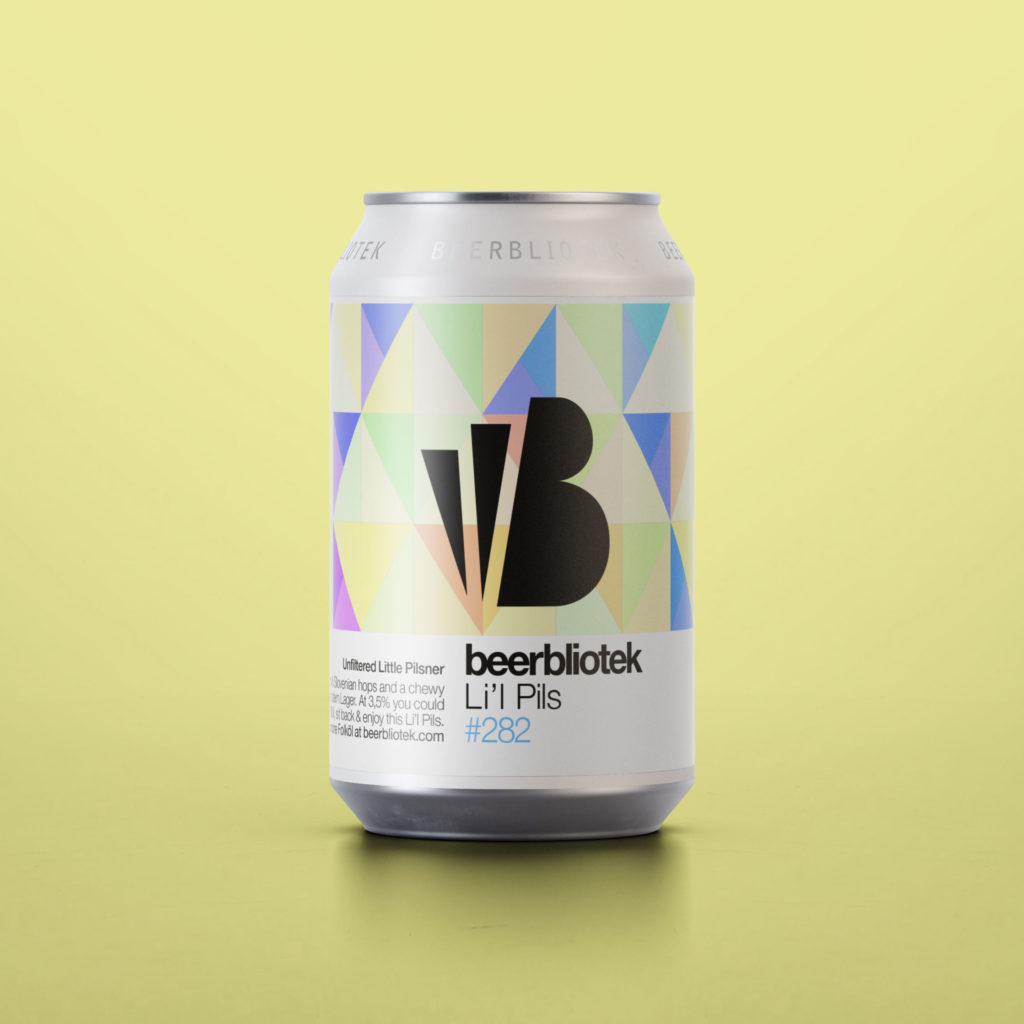 A can packshot of Li'l Pils, a low ABV (Folköl) Unfiltered Pilsner brewed by Swedish Craft Brewery Beerbliotek, in Gothenburg.