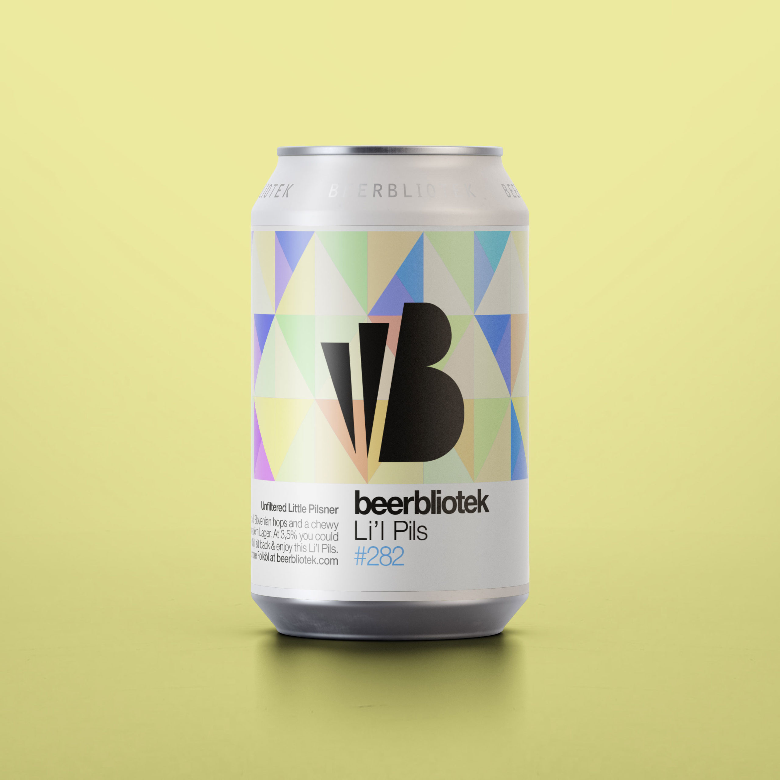 A can packshot of Li'l Pils, a low ABV (Folköl) Unfiltered Pilsner brewed by Swedish Craft Brewery Beerbliotek, in Gothenburg.