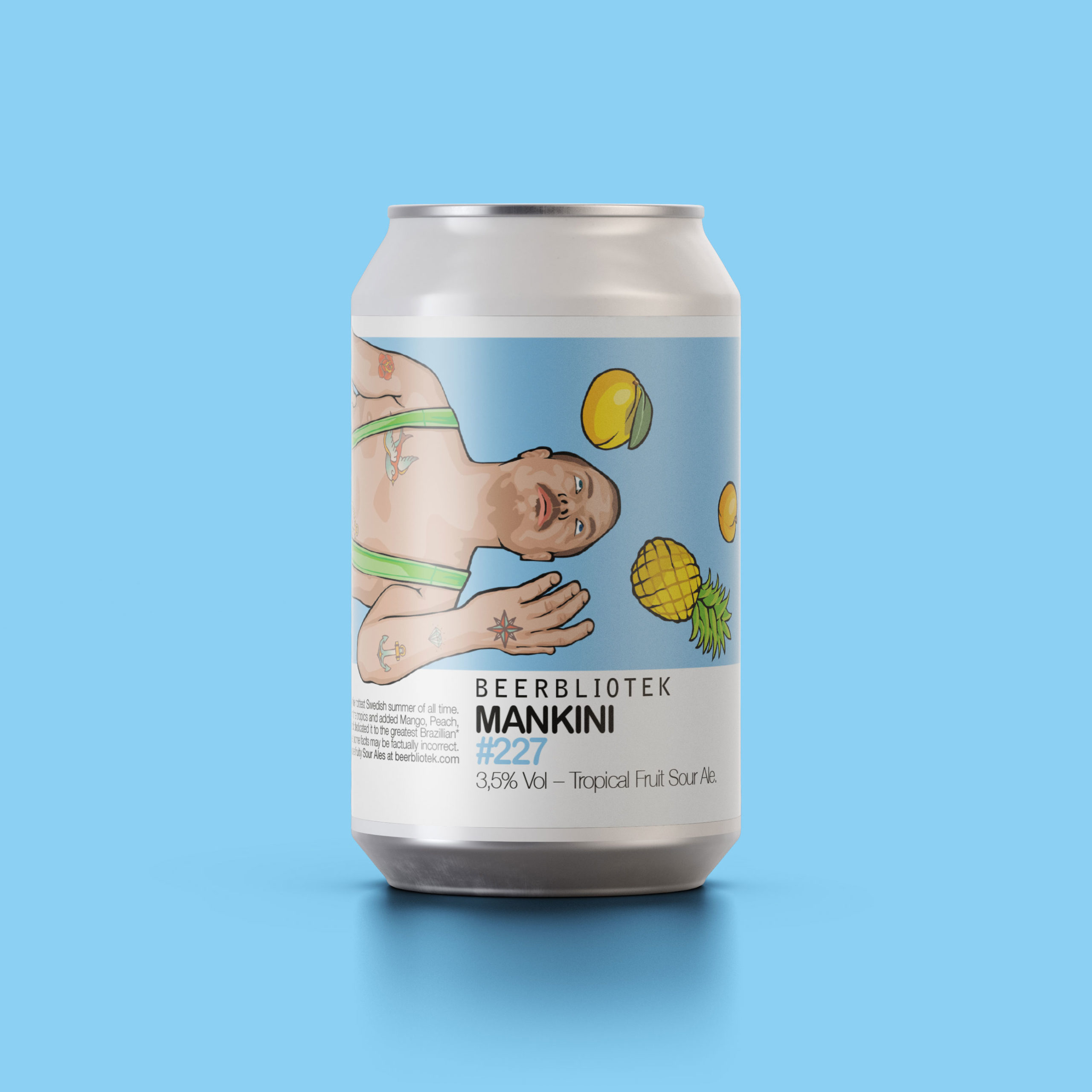 A can packshot of Mankini Tropical Fruit Sour Ale, brewed by Swedish Craft Brewery Beerbliotek.