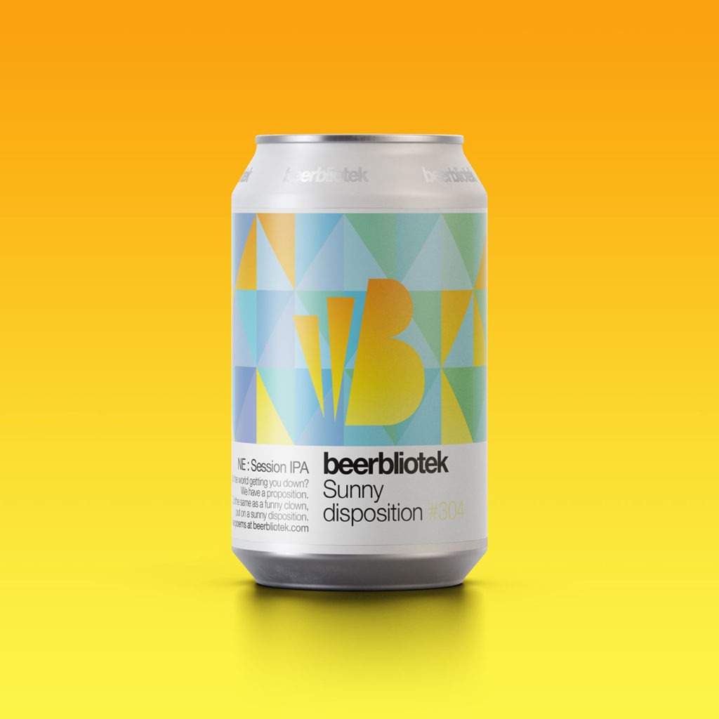 A marketing can packshot of Sunny disposition, a New England Session IPA, brewed in Gothenburg, by Swedish Craft Brewery Beerbliotek.