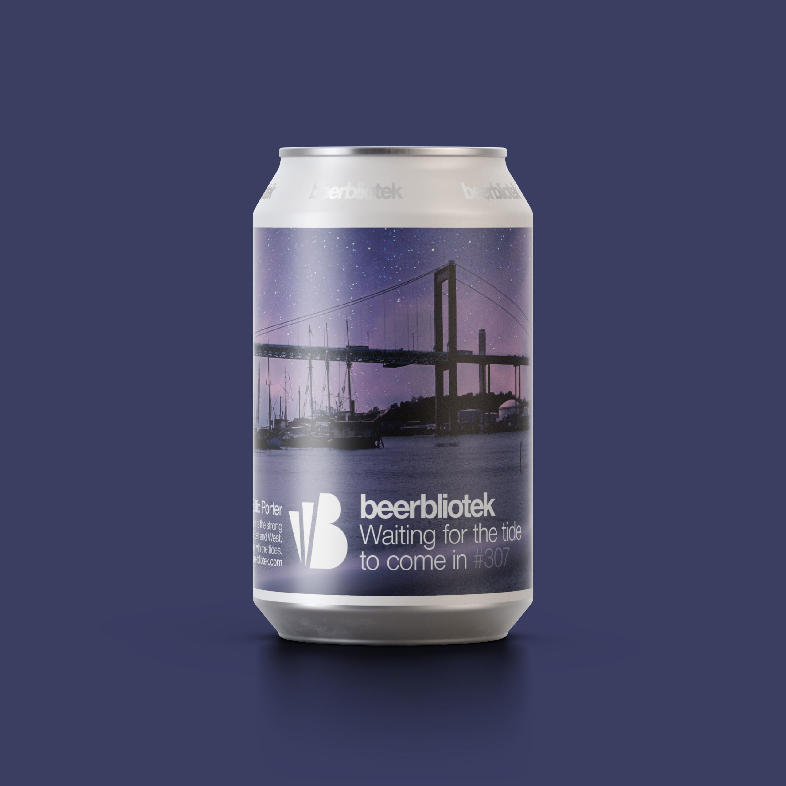A marketing can packshot of Waiting for the tide to come in, a Honey Baltic Porter, brewed in Gothenburg, by Swedish Craft Brewery Beerbliotek.