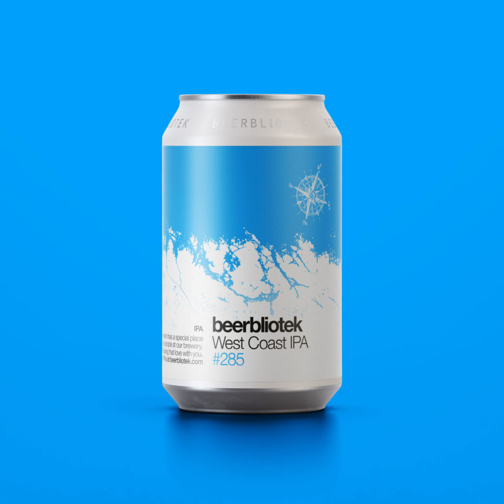 A can packshot of West Coast IPA, with a blue background, an IPA from Swedish Brewery Beerbliotek.