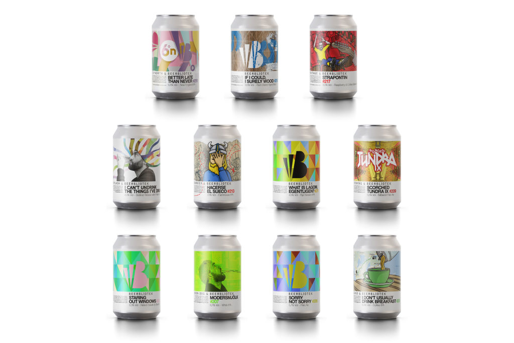Eleven Cans of craft beer brewed by Beerbliotek Craft Brewery in Gothenburg Sweden.