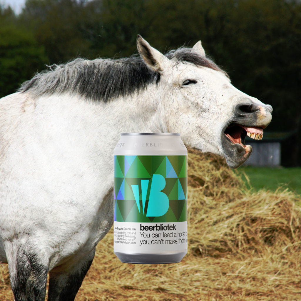 A marketing can packshot of You can lead a horse to water, but you can't make them enjoy the view, a New England Double IPA, brewed by Swedish Craft Brewery Beerbliotek.