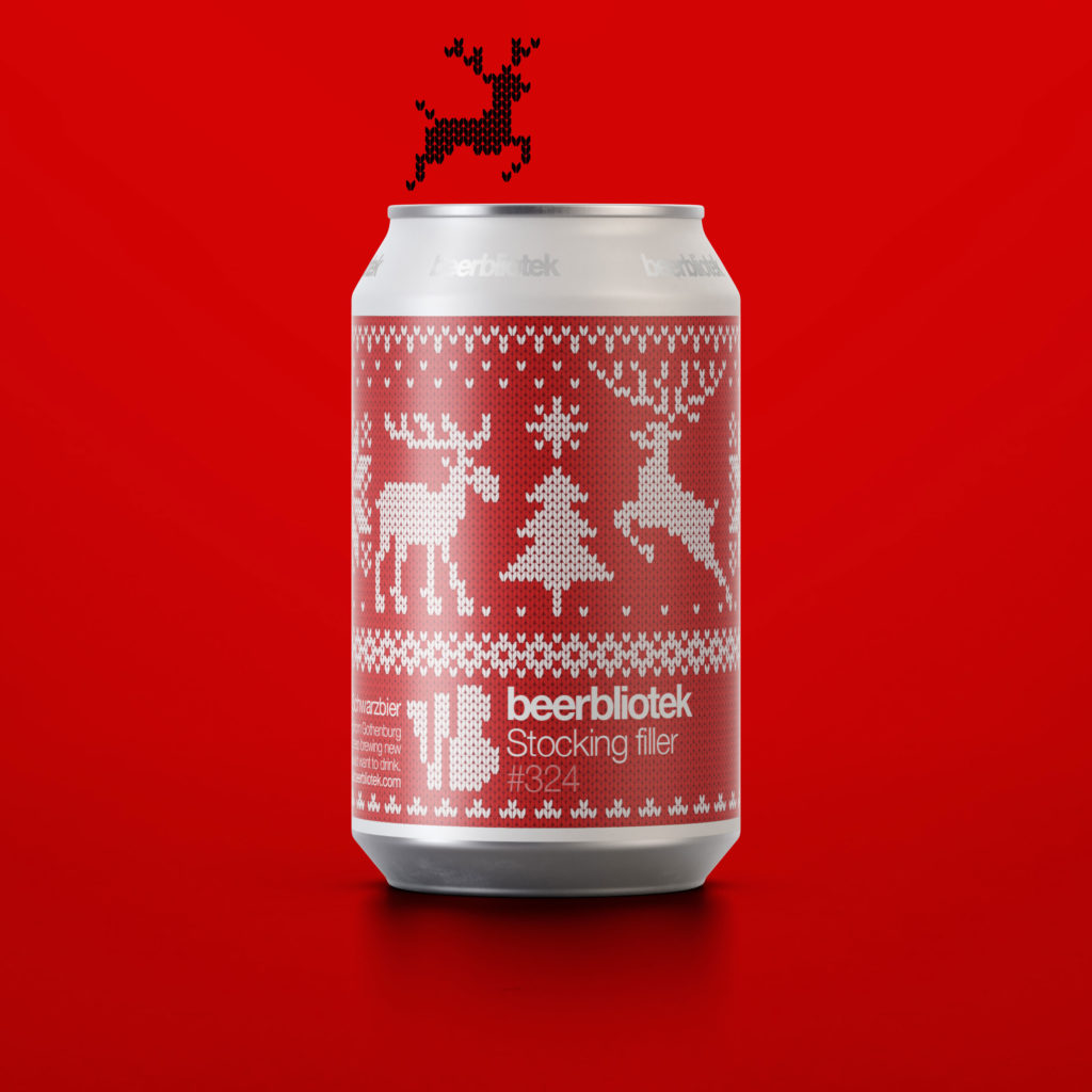 A marketing can packshot of Stocking filler, a Schwarzbier, brewed in Gothenburg, by Swedish Craft Brewery Beerbliotek.
