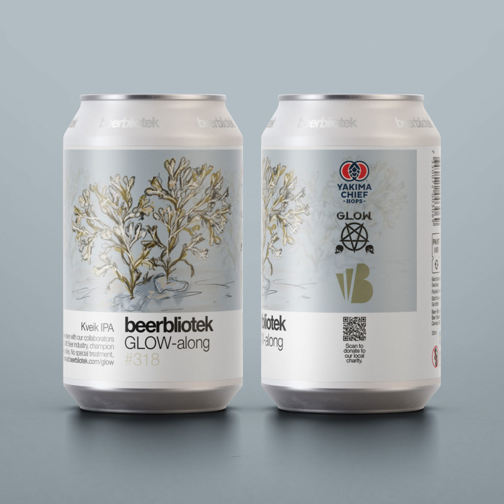 Two can marketing packshot of Beer Number 318 Glow-along by Beerbliotek. A Swedish Craft Brewery based in Gothenburg, Sweden. This Kveik IPA is a collaboration with Yakima Chief Hops and GLOW.