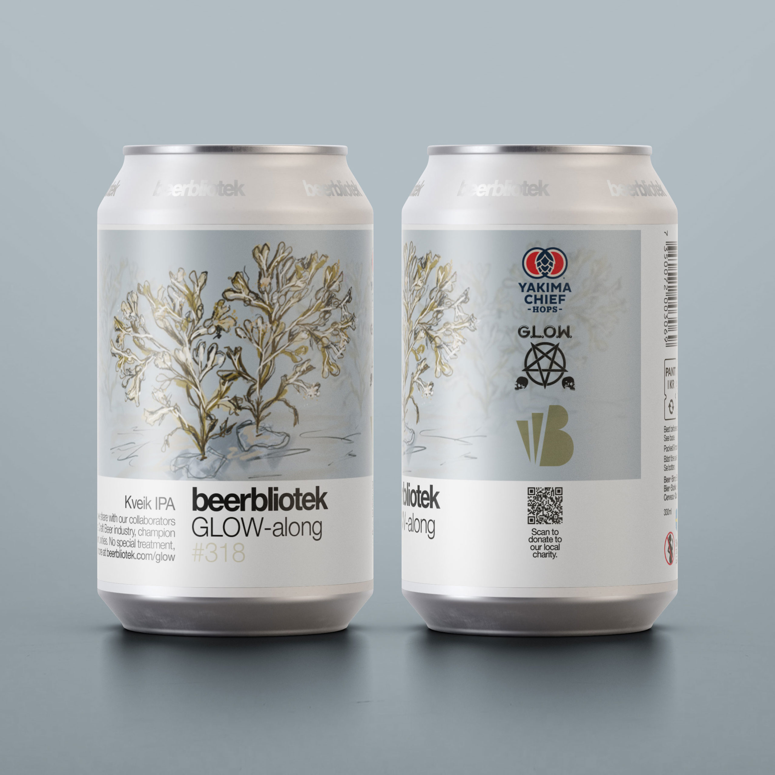 Two can marketing packshot of Beer Number 318 Glow-along by Beerbliotek. A Swedish Craft Brewery based in Gothenburg, Sweden. This Kveik IPA is a collaboration with Yakima Chief Hops and GLOW.