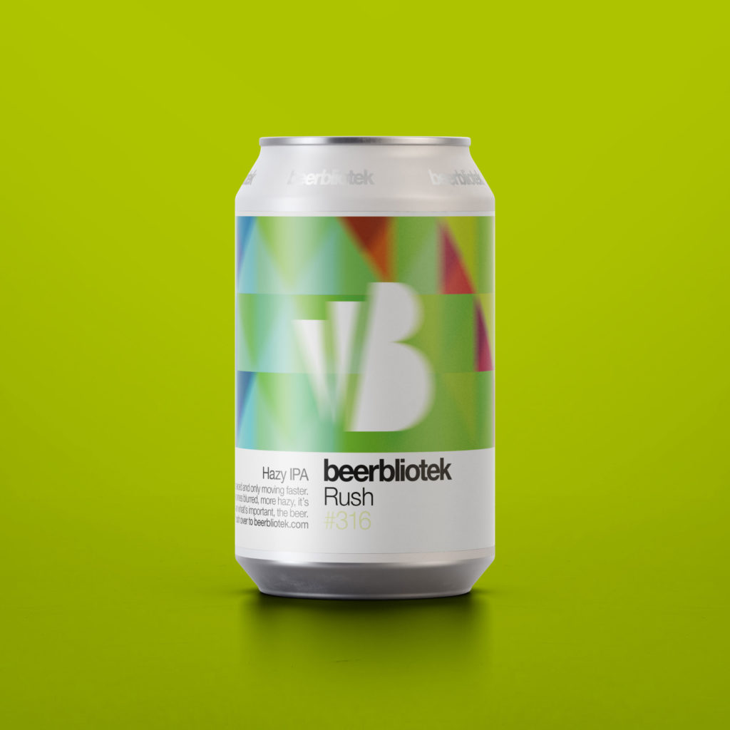 A marketing can packshot of Rush, a Hazy IPA, brewed in Gothenburg, by Swedish Craft Brewery Beerbliotek.