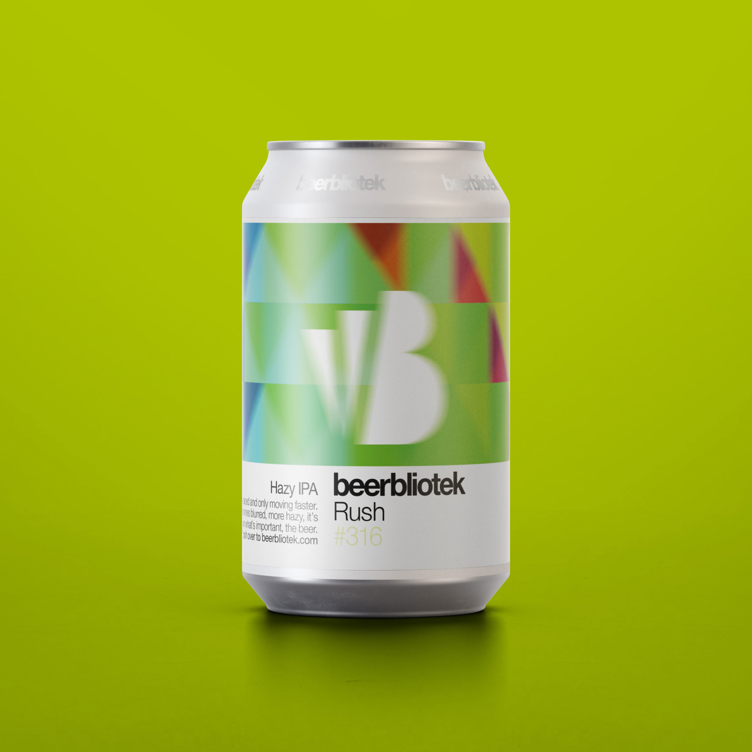 A marketing can packshot of Rush, a Hazy IPA, brewed in Gothenburg, by Swedish Craft Brewery Beerbliotek.