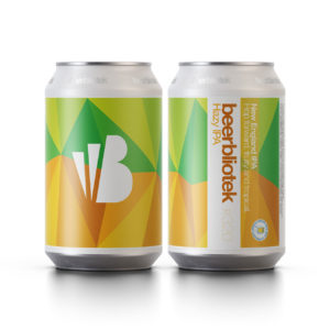 Two can packshots of Hazy IPA, a New England IPA brewed by Swedish Craft Brewery Beerbliotek.