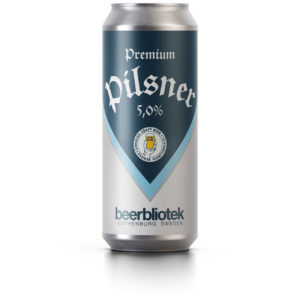 A can packshot of Premium Pilsner, a German Style Pilsner brewed by Swedish Craft Brewery Beerbliotek in Gothenburg.