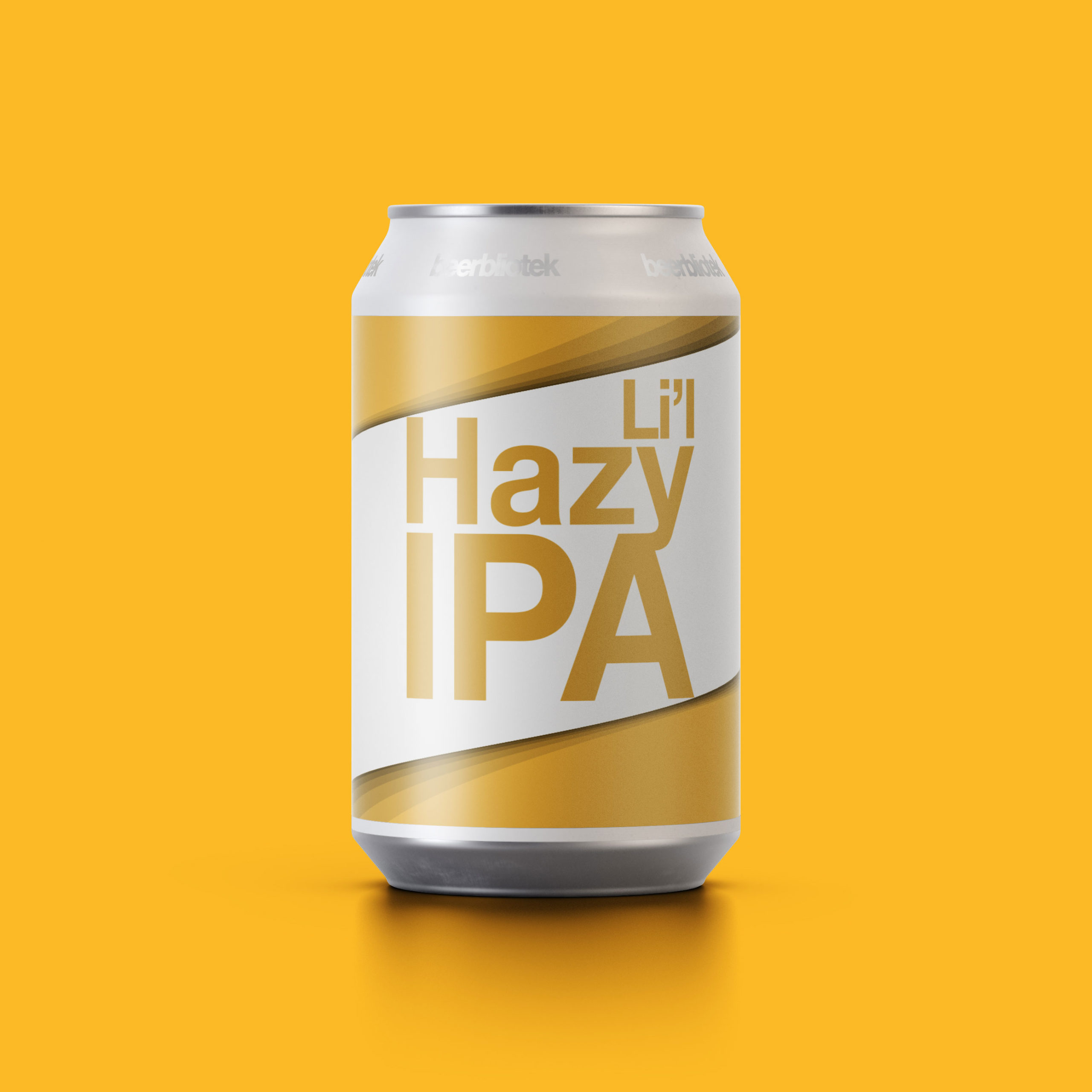 A marketing can packshot of Li'l Hazy IPA, a 3,5% New England Session IPA, brewed in Gothenburg, by Swedish Craft Brewery Beerbliotek. Part of the folköl range.