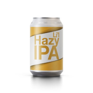 A shadow can packshot of Li'l Hazy IPA, a 3,5% New England Session IPA, brewed in Gothenburg, by Swedish Craft Brewery Beerbliotek. Part of the folköl range.