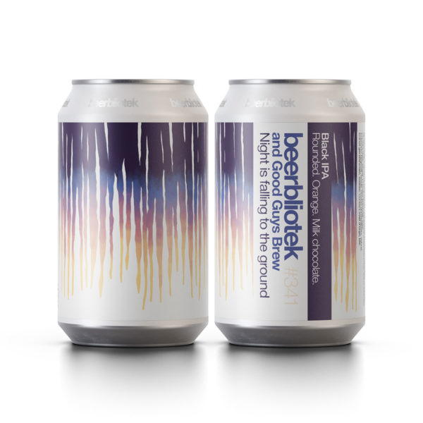 Two cans of Night is falling to the ground, a Black IPA brewed by Swedish Craft Brewery Beerbliotek in collaboration with Good Guys Brew, from Karlstad in Sweden.